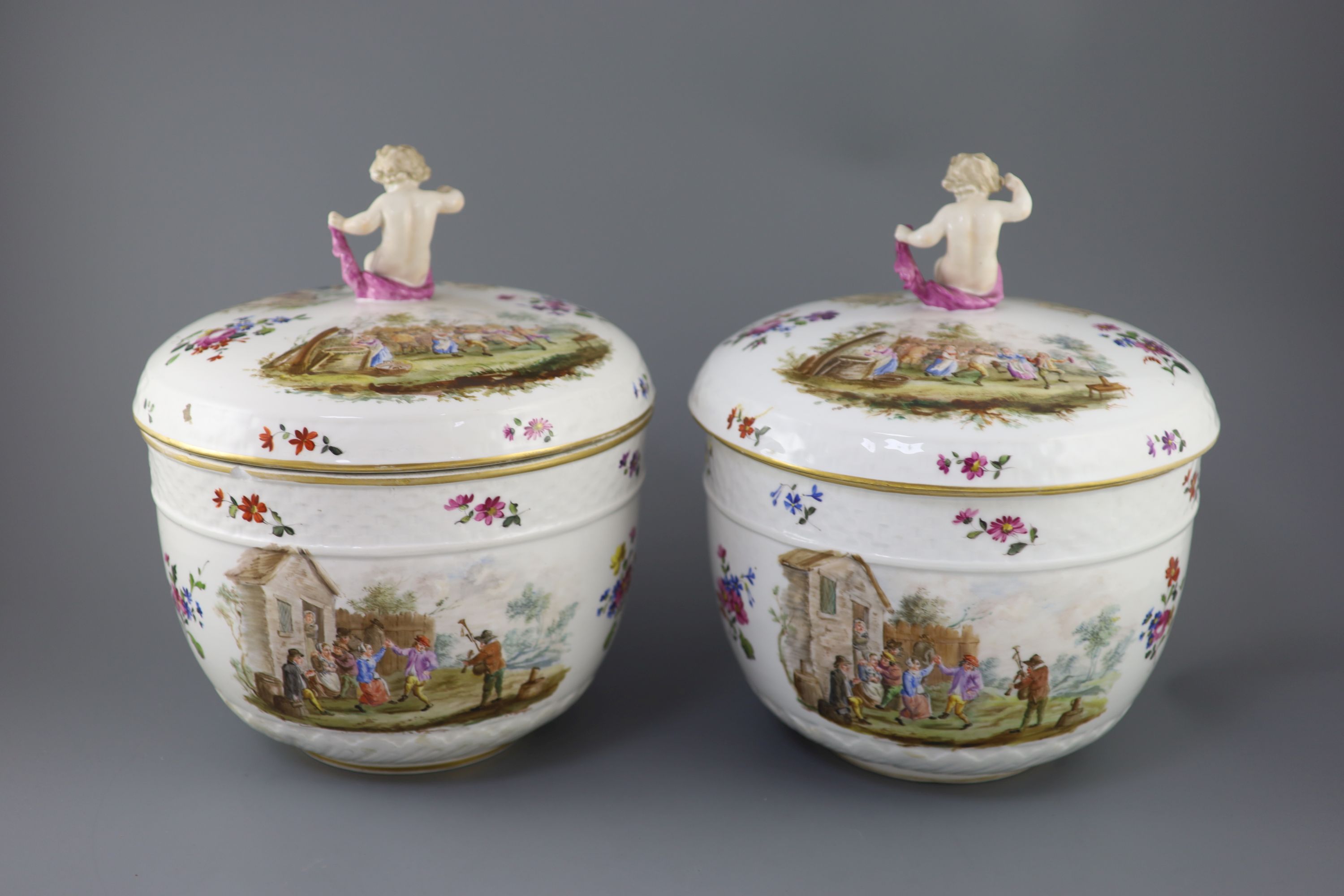 A pair of large Meissen style porcelain bowls and covers, late 19th century, possibly Potschappel, 34cm high 29cm diameter